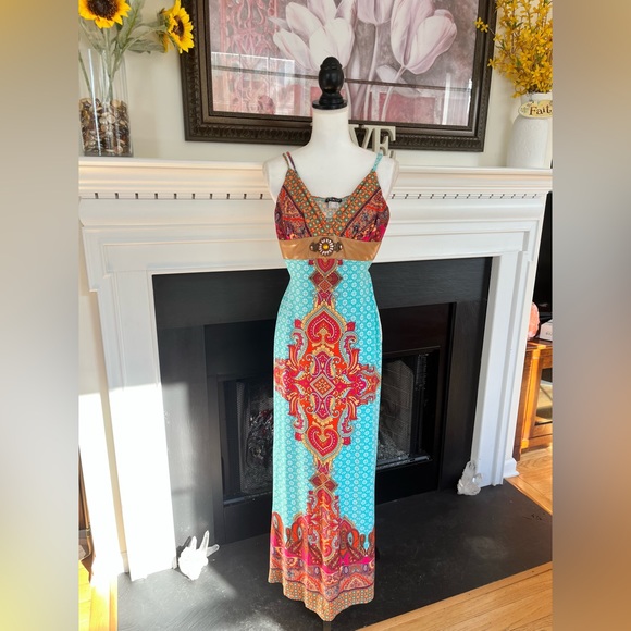 🌻Venus Boho Turquoise Paisley Maxi Dress with Faux Leather Accent at Waist - Picture 3 of 6